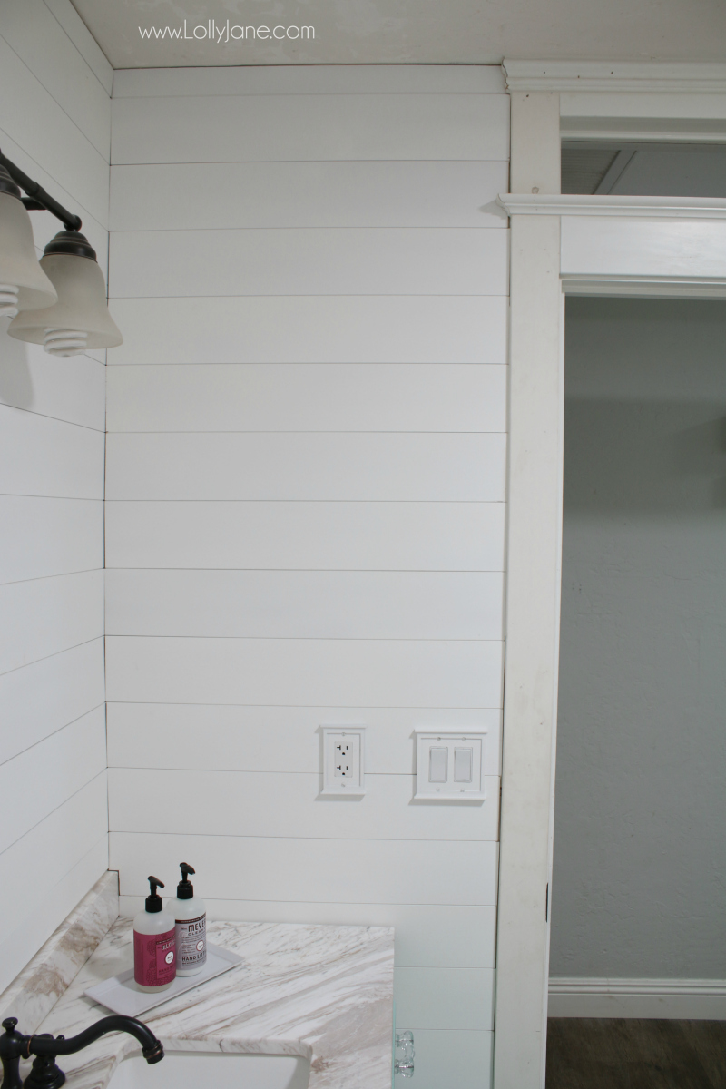 Peel & Stick Shiplap Bathroom Wall Treatment - Simple touches really can add tons of character to a standard bathroom remodel!
