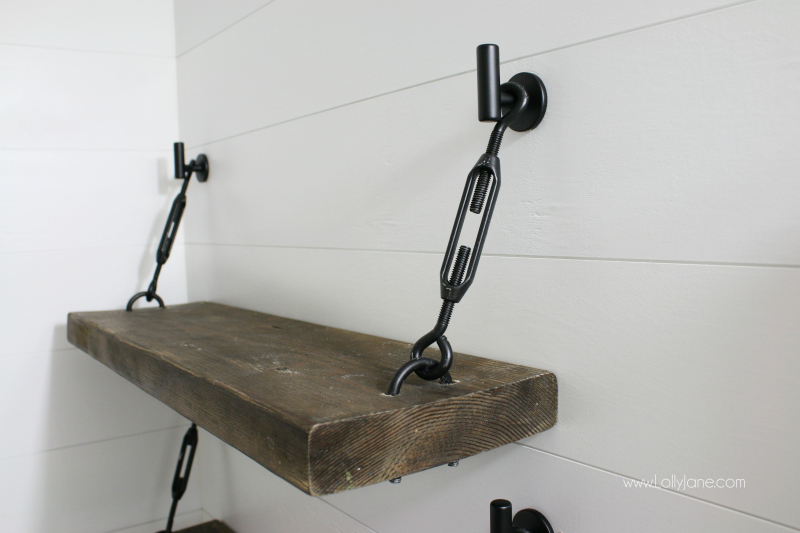 Love these bathroom shelves with turnbuckle hardware! Such a pretty farmhouse shelf, great for any room in the house!