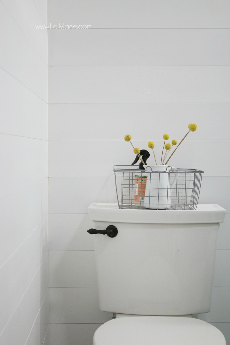 Love this charming bathroom. Even the toilet has a decorative handle! Lots of fun in this little farmhouse bathroom!