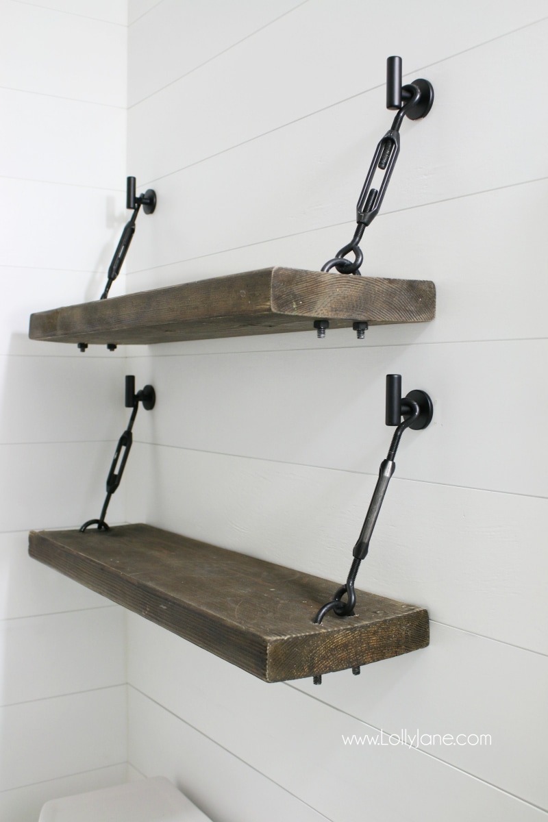 WOW! Check out these pretty diy turnbuckle shelves!! Tutorial for an easy diy turnbuckle hardware kit included! Adore this farmhouse bathroom shelves!