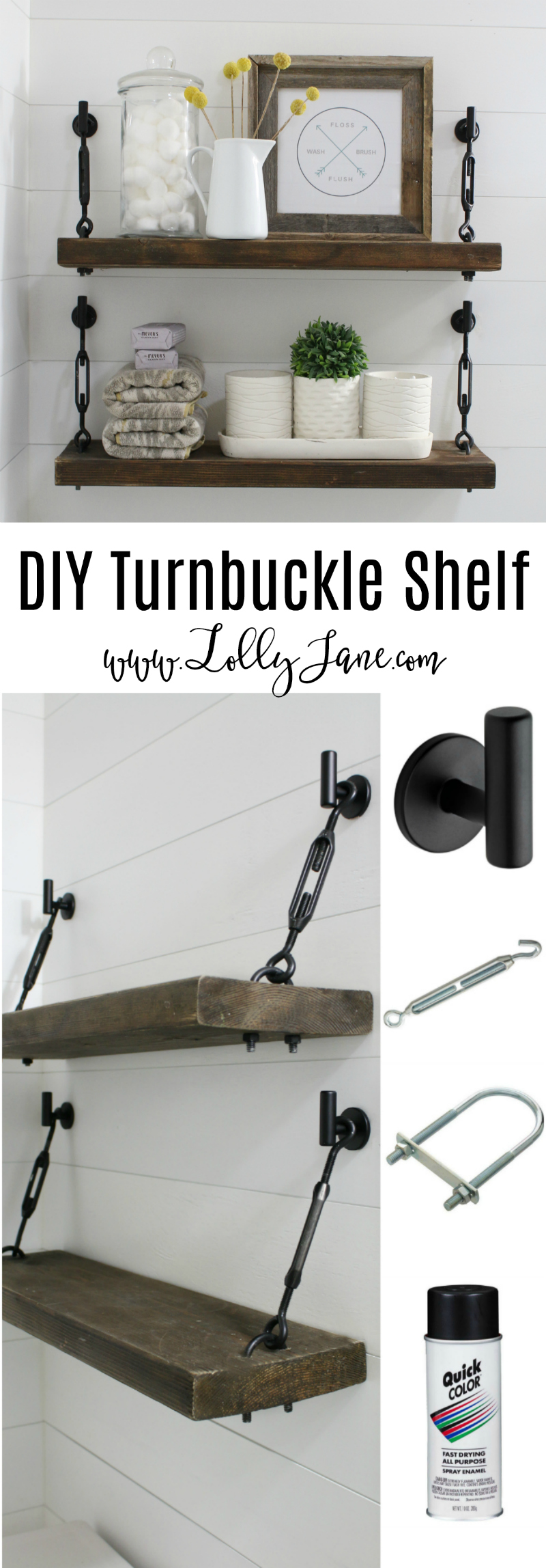 DIY Turnbuckle Shelf tutorial | Learn how easy it is to make these bathroom turnbuckle shelves! These would be so cute in any room of the house, farmhouse chic shelves look great and are sturdy enough for all your home decor needs!