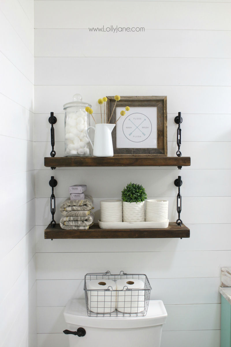 Loving these farmhouse bathroom turnbuckle shelves! Such an easy tutorial to create these turnbuckle shelves, less than $40 for 2 complete shelves!