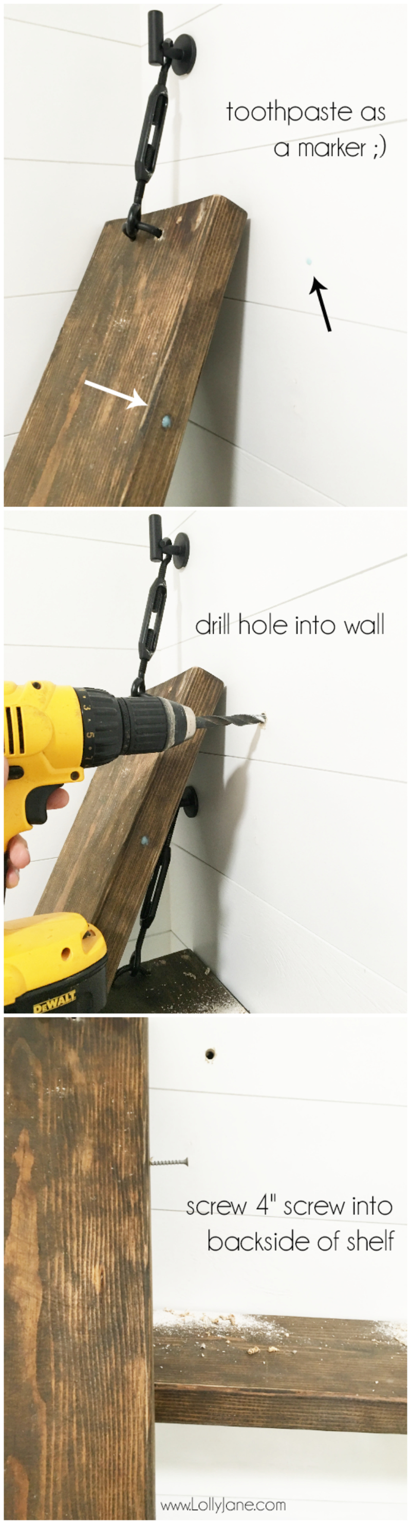 How to secure turnbuckle shelf to wall! Such a cute bathroom shelf tutorial!