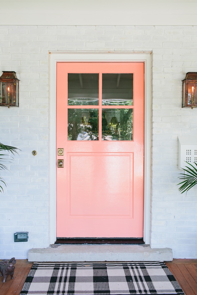 Loving this pretty coral front door! Such a pretty salmon door! Old world pink door is so dang cute, I would love this Old World door on my colorful front porch!