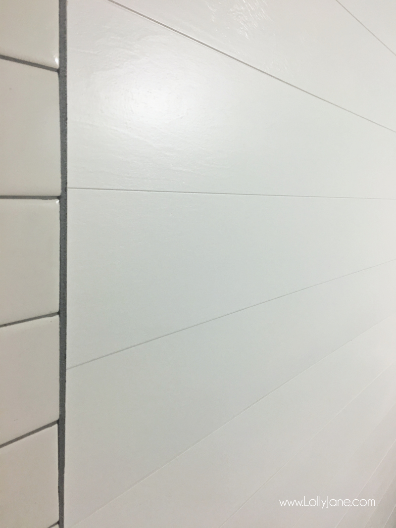 Peel & Stick Shiplap Bathroom Wall Treatment | Check out this super easy shiplap wall treatment! Just peel and stick then press onto wall!