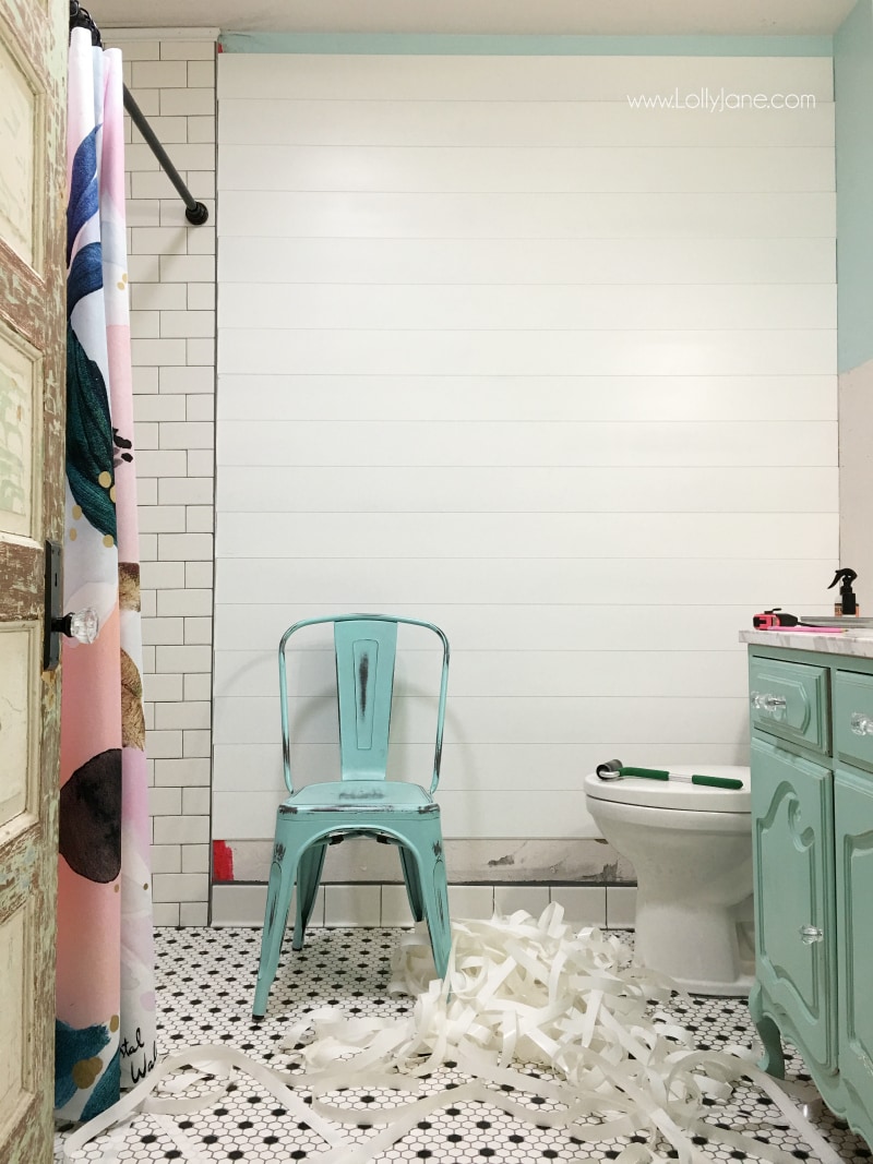 How to install Plankwise peel and stick shiplap! Super easy wall treatment idea, just cut shiplap to size then press to wall. Love this easy farmhouse bathroom remodel!