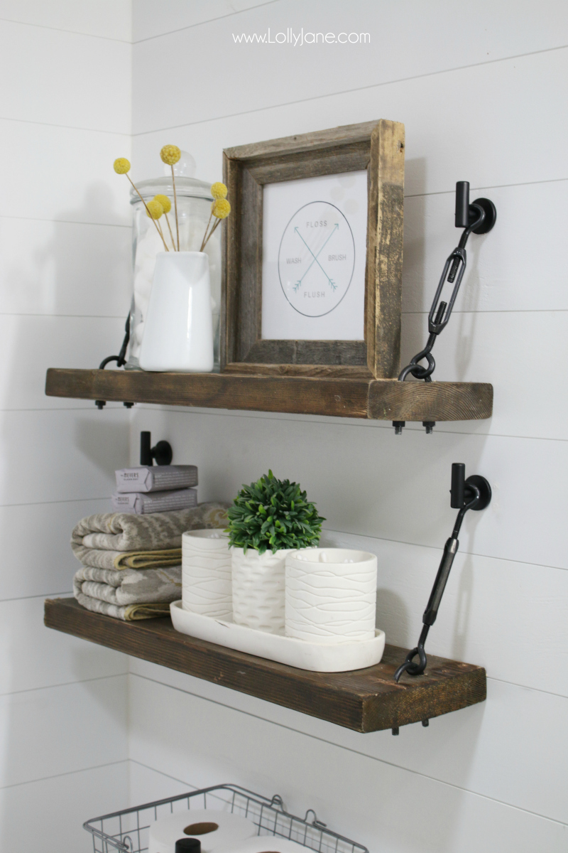 Loving this turnbuckle shelf tutorial! Such a pretty farmhouse shelf with pretty turnbuckle hardware!