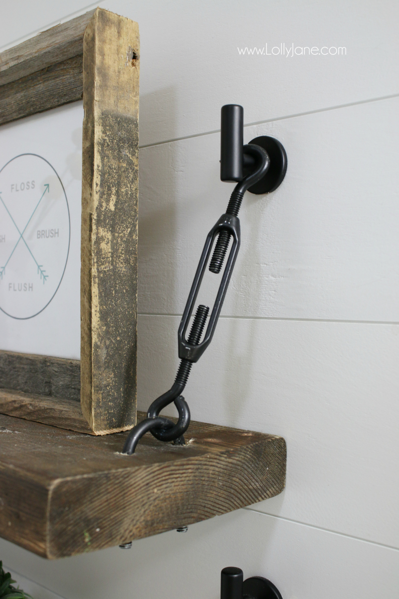 Adore this turnbuckle shelf! Follow this easy tutorial to create these farmhouse shelves with cute turnbuckle hardware!