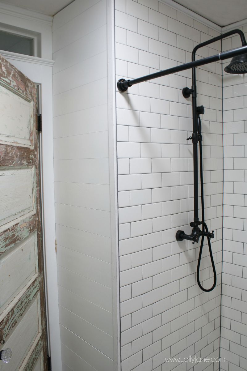 Farmhouse bathroom remodel on a budget. From easy to find tile to peel and stick wall treatments, lots of trendy decor without breaking the bank!