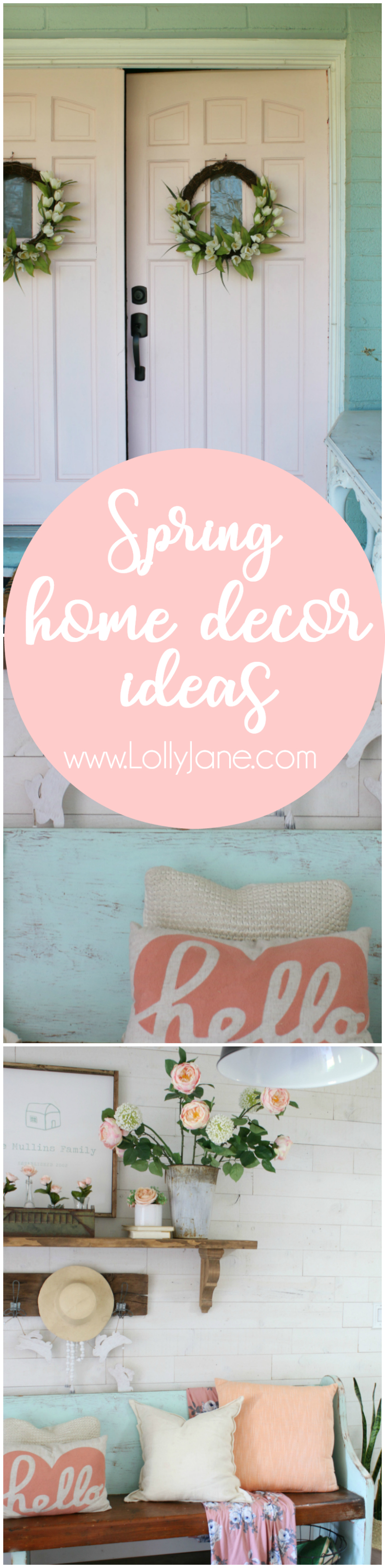 Visit our spring home tour ideas! I love our painted pink doors and had fun adding faux flowers to create a spring mantel using items around my home!