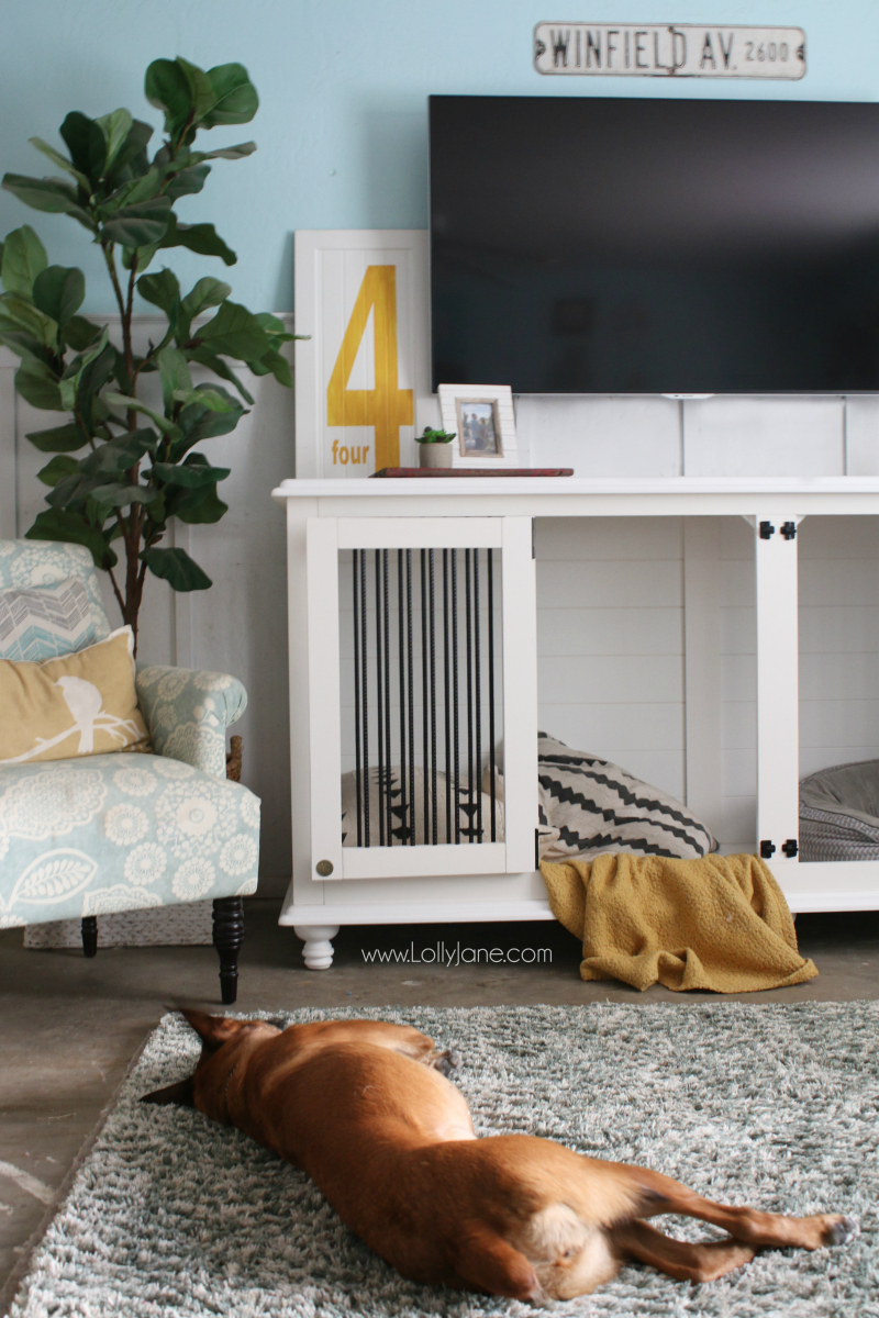 Love this dog kennel furniture! Shut the barn doors to keep your dog secure or let them out and still have an attractive piece of furniture. Love this tv stand dog kennel!