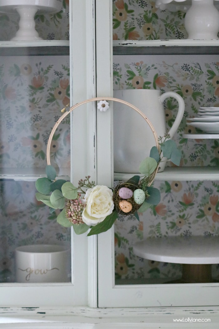 Make this EASY Floral Spring Embroidery Hoop Wreath with a trio of speckled eggs in less than 30 minutes!