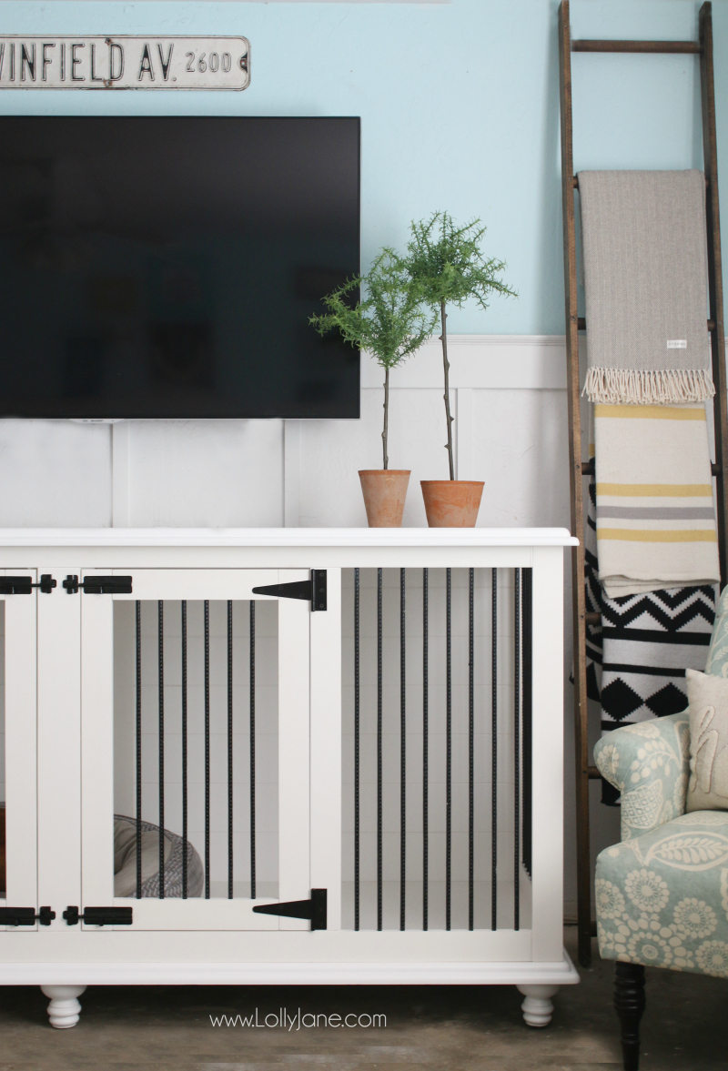 Love this farmhouse doggie den! Such cute wood kennel furniture!