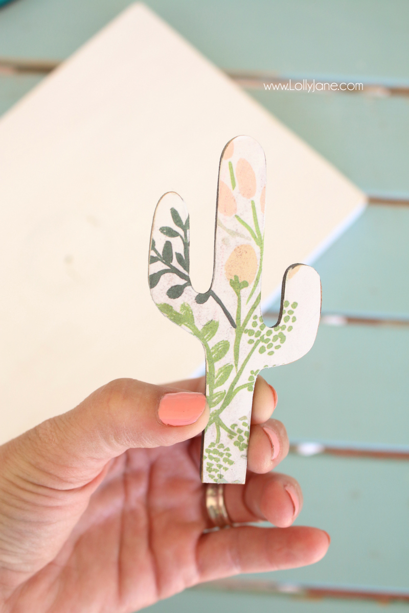 Loving this floral wood cactus cutout with decoupage using Gorilla Glue! So easy to create this pretty boho home decor!