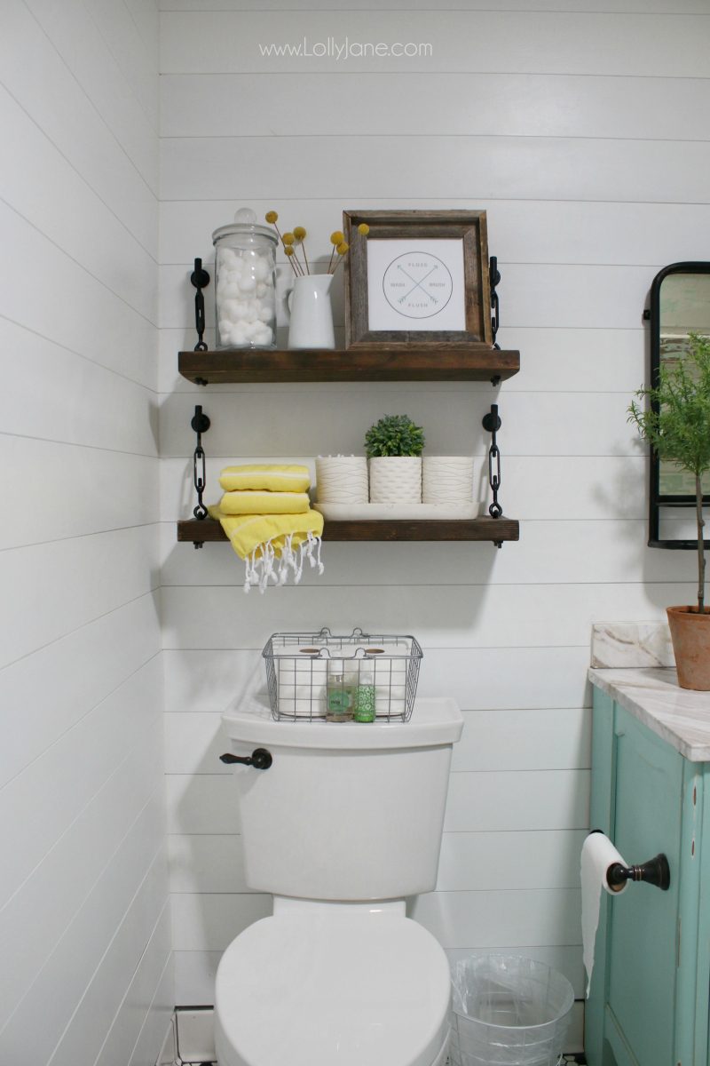 I love decorating my bathroom shelving! These DIY turnbuckle shelves are so fun to style! Our secret to keeping the bathroom smelling fresh? Our favorite MojiLife linen spray bathroom fragrance is long lasting and fresh smelling!