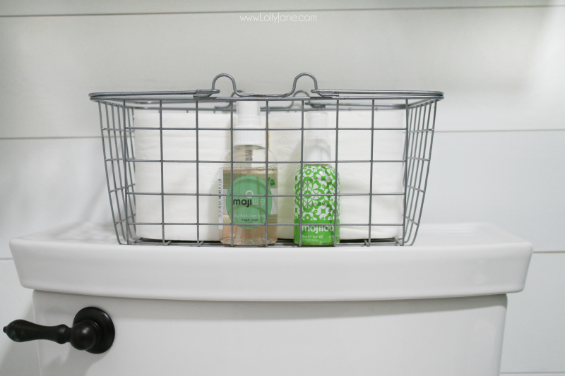 This farmhouse bathroom remodel is so fun. Our secret weapon to keeping a fresh smelling bathroom is our MojiLoo bathroom toilet spray, just a few sprays to keep your bathroom experience fresh and clean!