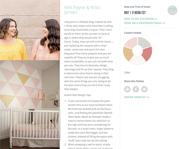 Behr color clinic blogger designers | Love Lolly Jane's custom paint palette with its pink, white, mustard and soft gray tones.