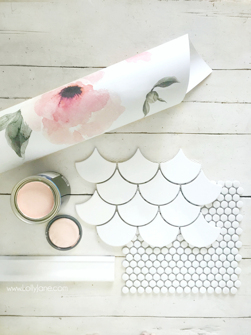 How cute is this farmhouse mood board!? Loving this fan tile and penny tile flooring with the floral wallpaper and pink vanity, such a cute bathroom remodel!