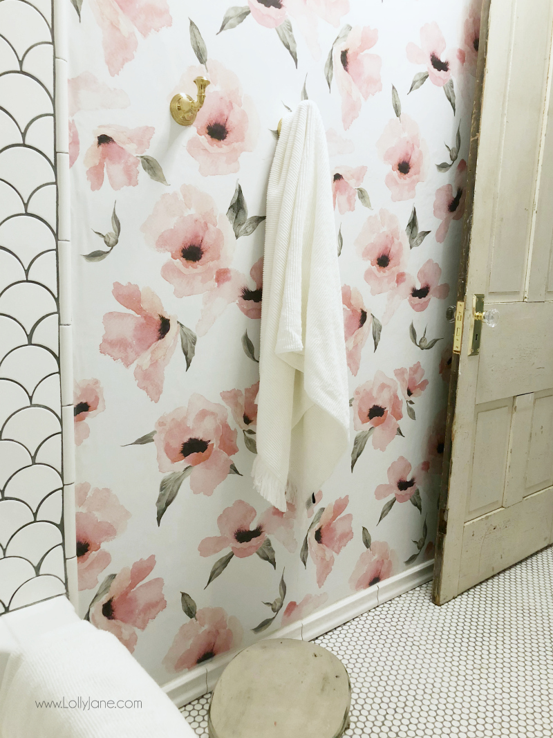 Floral wallpaper bathroom decor, love this poppy peel and stick wallpaper from Wayfair, so pretty!! Adore this farmhouse glam bathroom remodel!