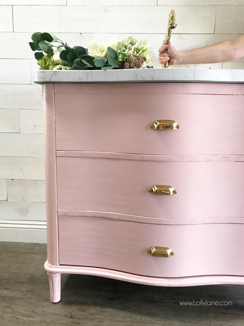 diy pink bathroom vanity - Loving this gold and pink vanity bathroom farmhouse decor, so fun! Love this pink painted vanity, such a cute bathroom remodel!