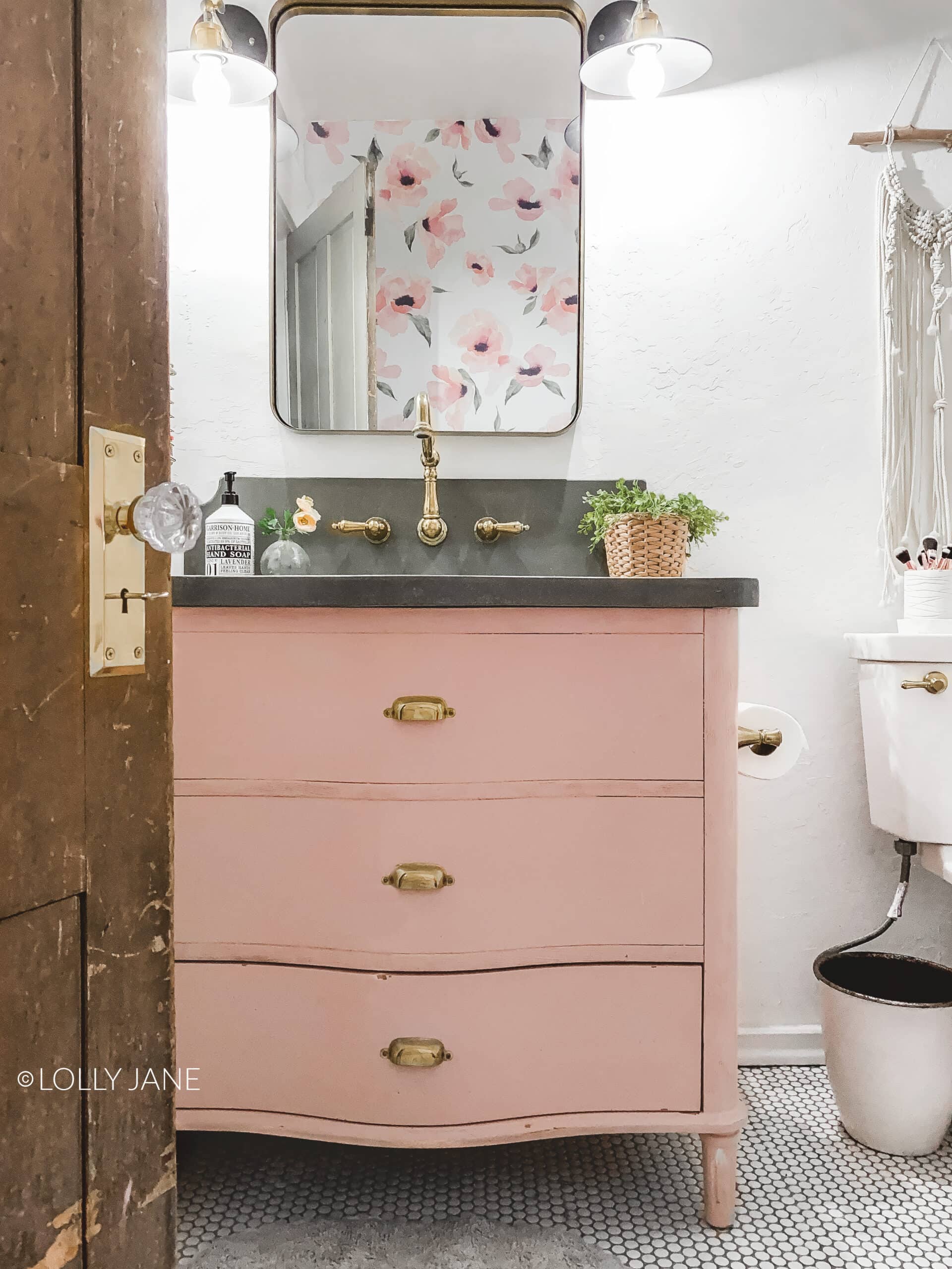 DIY Pink Vanity Makeover, so cute in this modern farmhouse bathroom remodel!