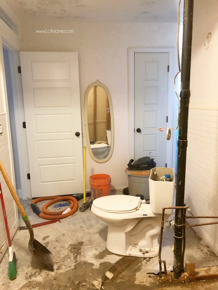 Bathroom farmhouse glam before pictures, wow! Love this after with a pretty pink vanity and concrete counter top sink!