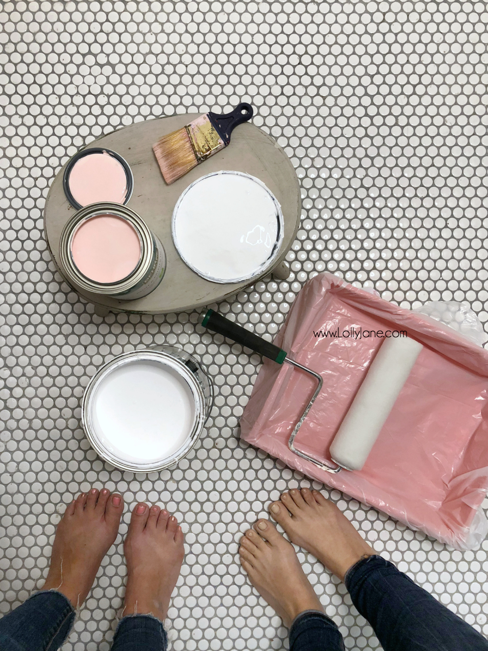 best paint colors for a small bathroom - How we painted our girly glam farmhouse bathroom. Such classic colors, love the final look! Paint + Primer in one for the win, love us some Behr paint! 