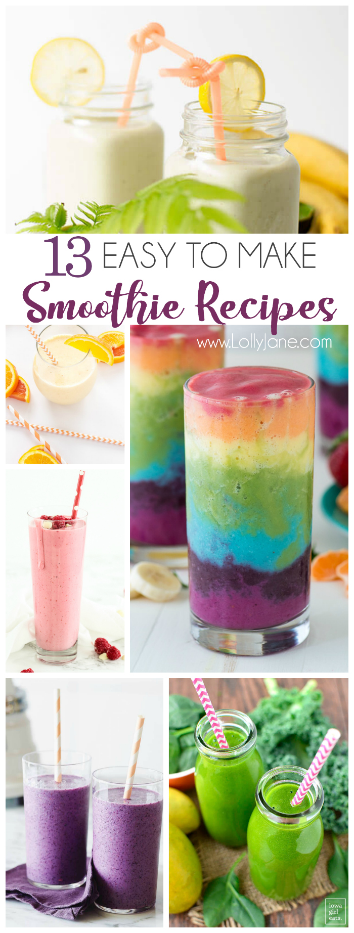 13 easy to make smoothie recipes! We love this collection of breakfast smoothies, so yummy! The best green smoothie recipes and yummy fruit smoothies to make!
