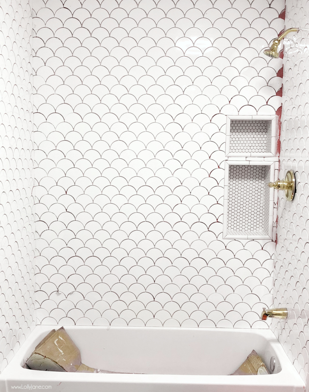 Easy DIY Fan Tile, love the scallop fish scale look! Click to see these useful tips when renovating a bathroom!