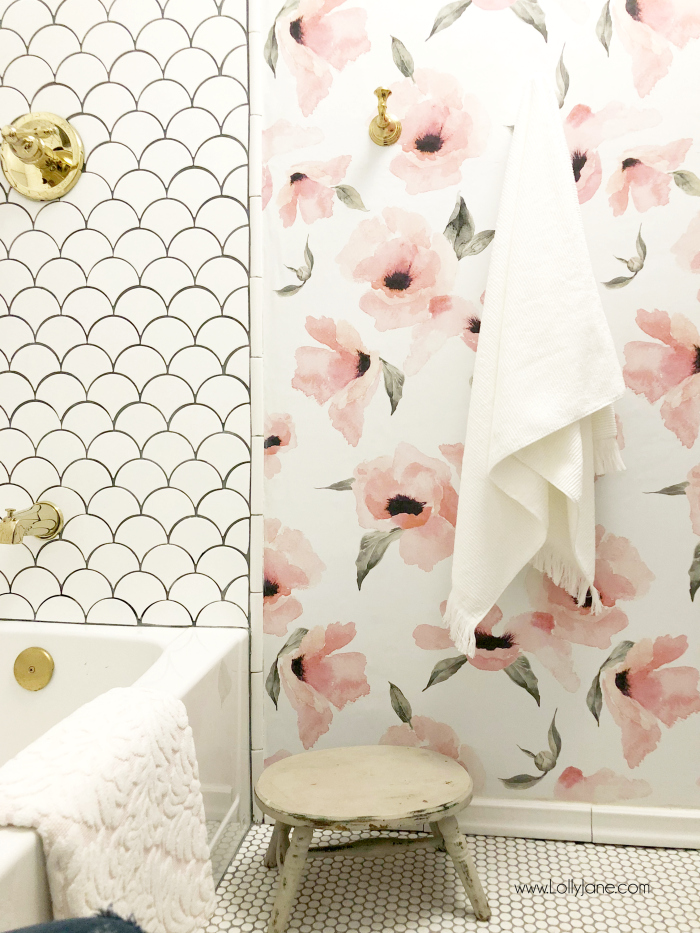 Glam farmhouse before after reveal!! You've got to see this fan tile and floral wallpaper, so pretty!