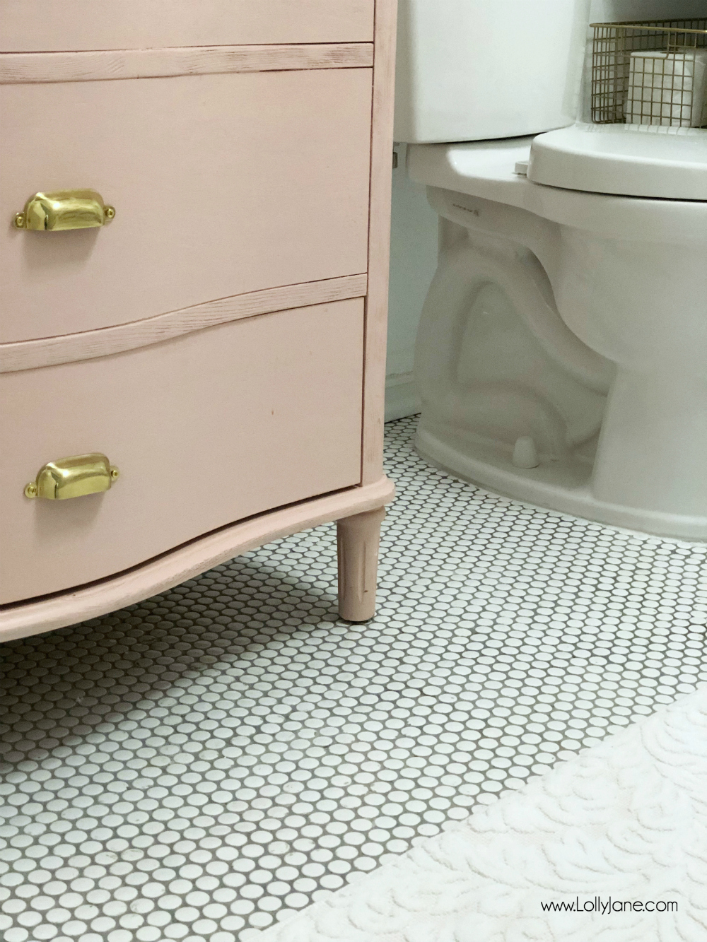 From Blah to Oooh-la-la! What an incredible painted PINK vanity (with concrete countetop!) in this pretty farmhouse bathroom!