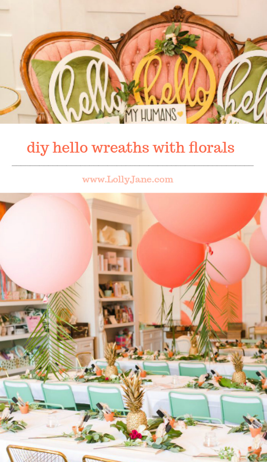 DIY Hello Wreaths with Florals | Love these pretty hello wood wreaths from Lolly Jane, especially with the added florals and eucalyptus leaves tied on. Such pretty hello wreaths! #homedecor #floraldecor #frontporchdecor #diywreath #hello