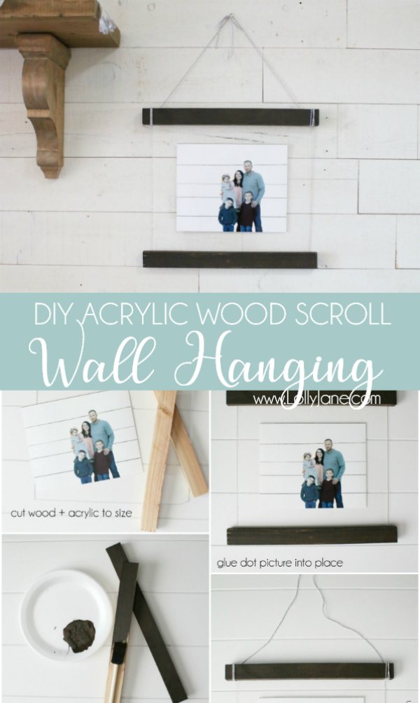 Holy Smokes!! This acrylic wall hanging tutorial is so easy!! Would look so cute in a grouping to display family pictures!! Love this easy to follow diy wood scroll wall hanging idea!! @adobe #walldecor #ad #familypictures #gallerywall #homedecor