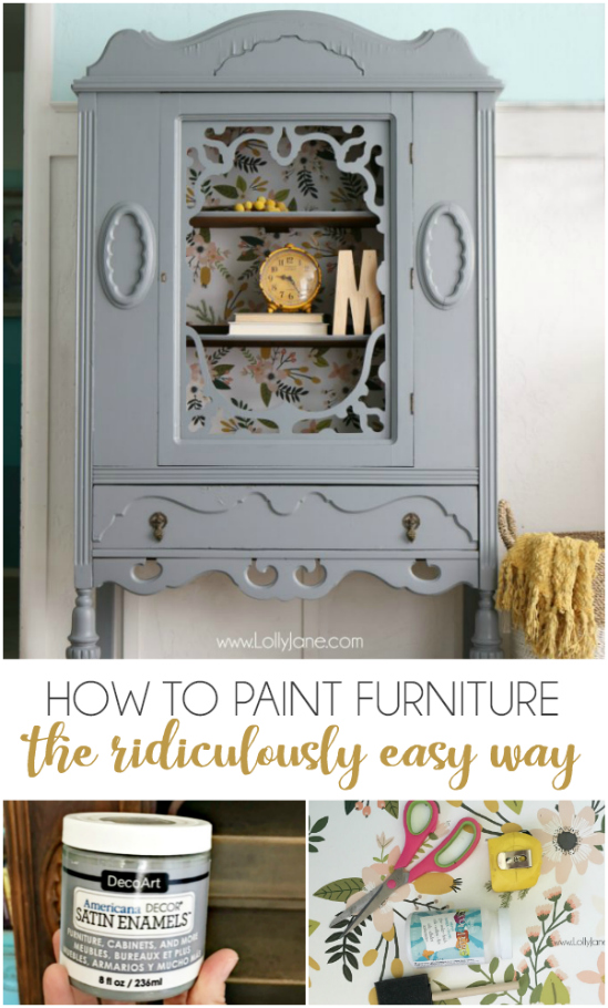 DIY Painted Hutch Makeover - Check Out How To Paint Furniture The Ridiculously Easy Way: This Easy DIY Painted Furniture Project Before And After Looks Amazing! You'll Love This Gorgeous Gray Hutch With Floral Paper Makeover. Such A Dramatic Before After Furniture Makeover Using Less Than A Jar Of Paint And Some Wallpaper. #diy #paintedfurniture #makeover #furniture #homedecor