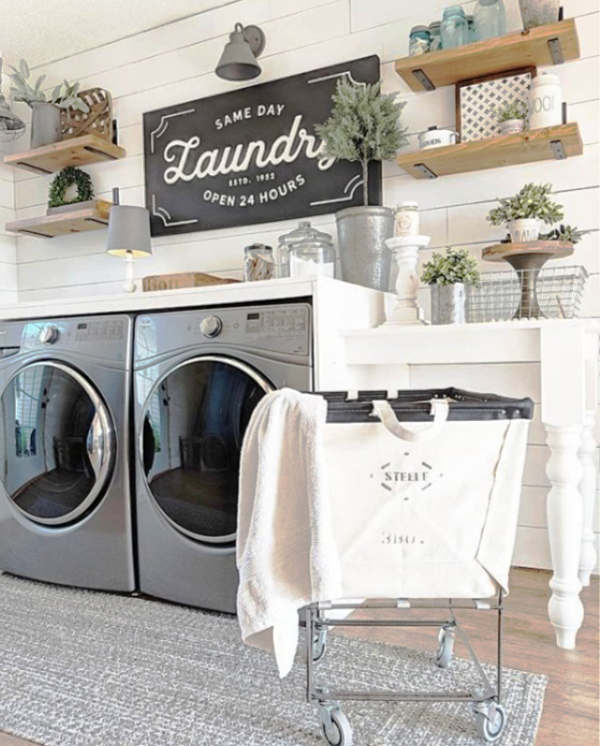 Love this farmhouse laundry room rug!! What a pretty soft farmhouse rug, these affordable farmhouse rugs look so cute layered! #farmhouserug #laundryroom #farmhousedecor #farmhouselaundryroom #farmhousecharm