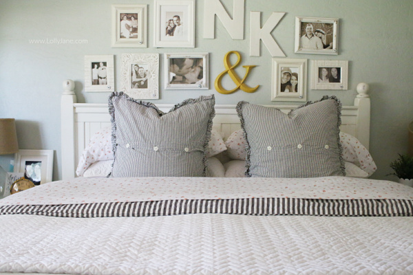 This is officially the ultimate farmhouse master bedroom! Each and every detail of this makeover is truly amazing and so full of farmhouse style! Learn how to style farmhouse master bedding with cozy linens and a herringbone coverlet!