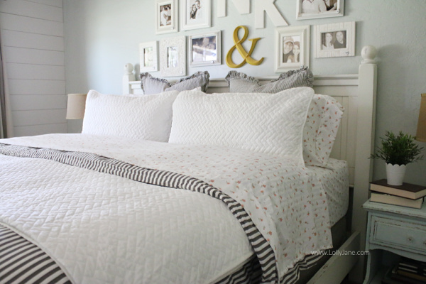 Gray white pink bedding for the master bedroom! Love this soft master bedding. Tips to layer a coverlet over a duvet, so cozy!