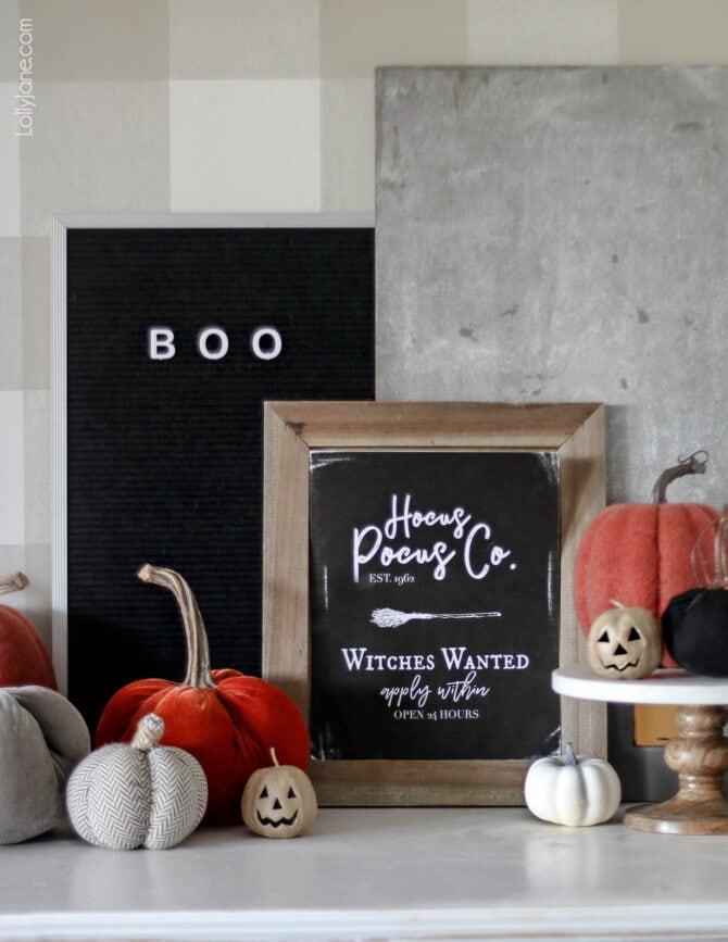 FREE Printable Halloween Art! Print off this "Hocus Pocus Co." art and display to spruce up your spooky space! #Halloweenprintables #Halloween #freeprintables #Halloweendecor #Halloweenmantel