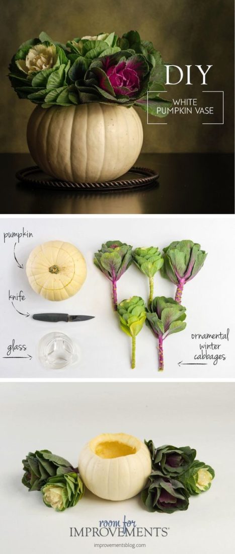 Get creative! Using a pumpkin as a vase makes an easy DIY Thanksgiving centerpiece! Just fill a pumpkin with fresh winter cabbages. Love this simple Thanksgiving decoration! #diythanksgivingdecor #thanksgivingdecorations #thanksgiving