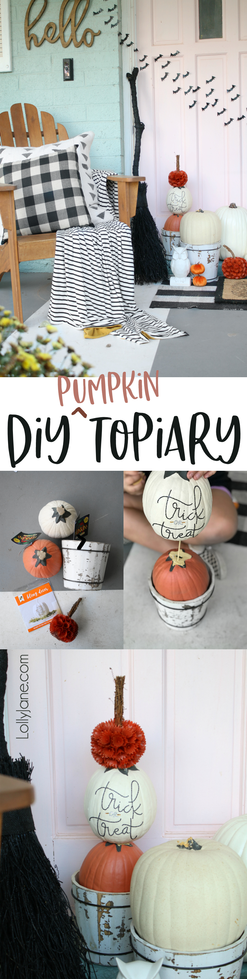 Easy DIY Pumpkin Topiary... and a kid-friendly project! Display on your porch to greet spooky visitors or turn around to simply greet your autumn guests!