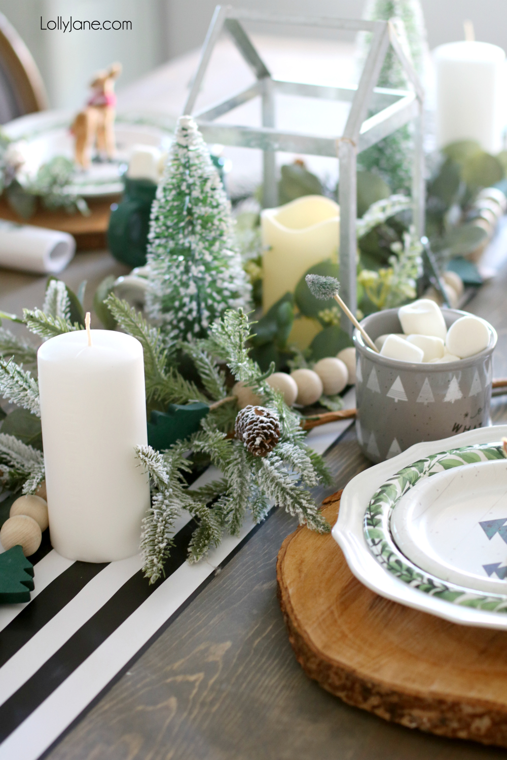 Grab a little of this and a little of that to pull together an amazingly EASY Christmas tablescape! Great for winter, too! (Includes a little DIY that doubles as decor + guest gift!) #christmas #christmastablescape #christmascenterpiece #centerpiece #wintertablescape #diy