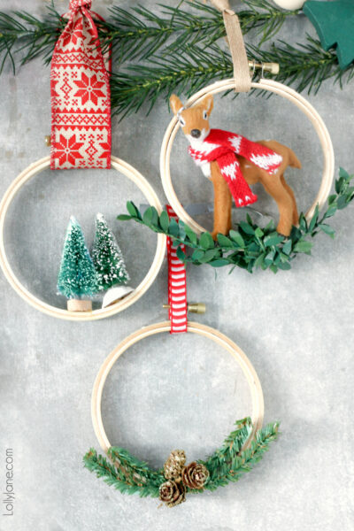 Make these cute + easy DIY Christmas Hoop Ornaments in NO TIME at all! So fun for the kids to help! #diy #diyornaments #christmasornaments #christmasdecorations