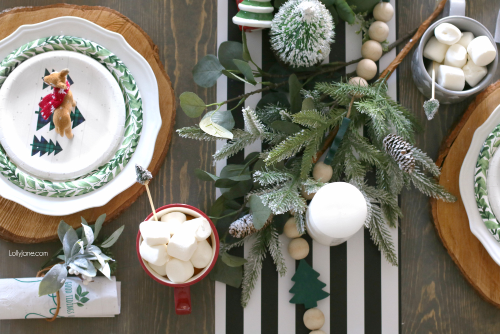 Spruce up your table this winter with these easy ideas to make your feast shine! Plus, a DIY chair decoration included! #christmas #christmastablescape #christmascenterpiece #centerpiece #wintertablescape #diy