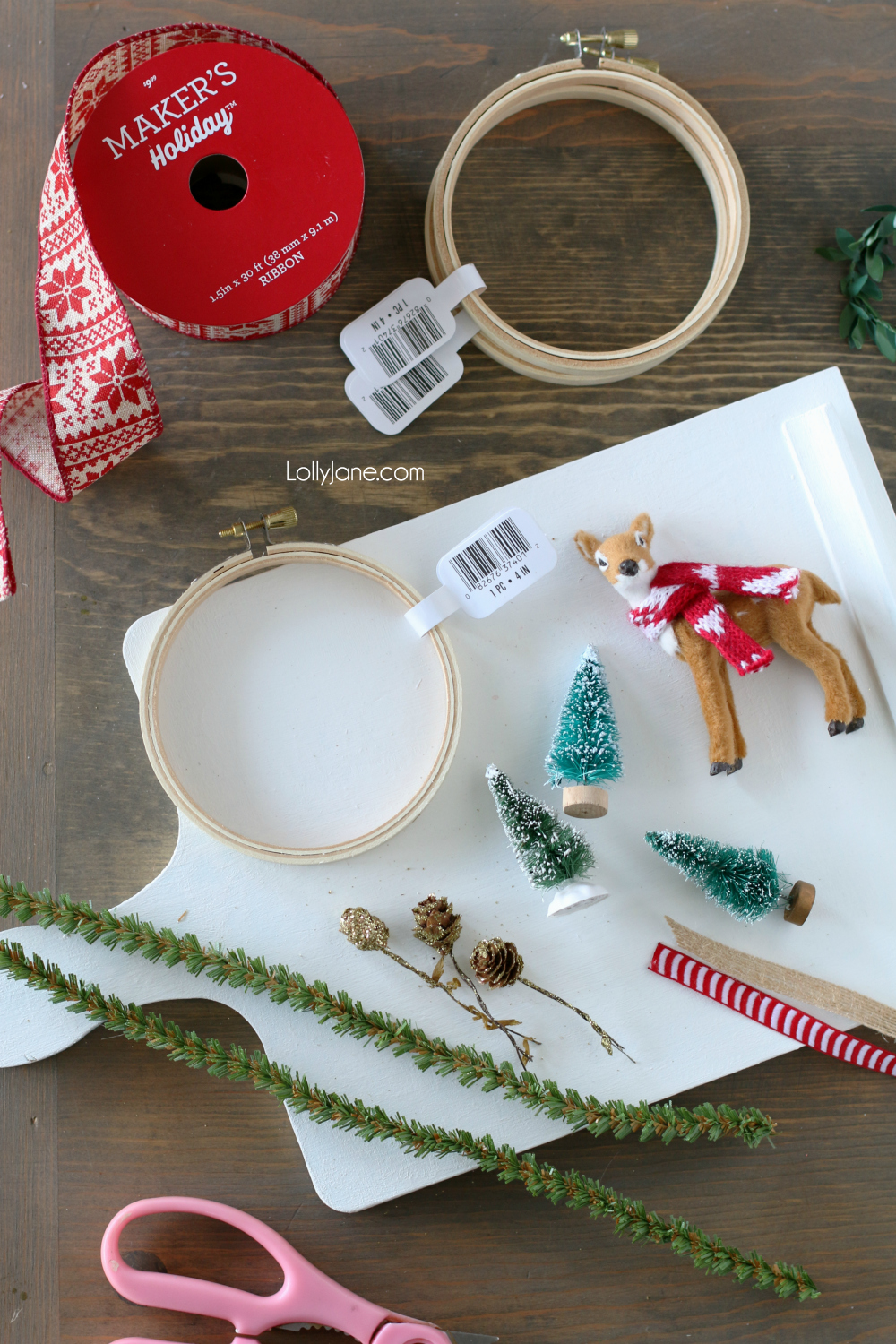 Supplies to make Easy DIY Embroidery Hoop Christmas Ornaments... so cute and fun for the kids to help! Click through to see at lollyjane.com! #diy #diyornaments #christmasornaments #christmasdecorations