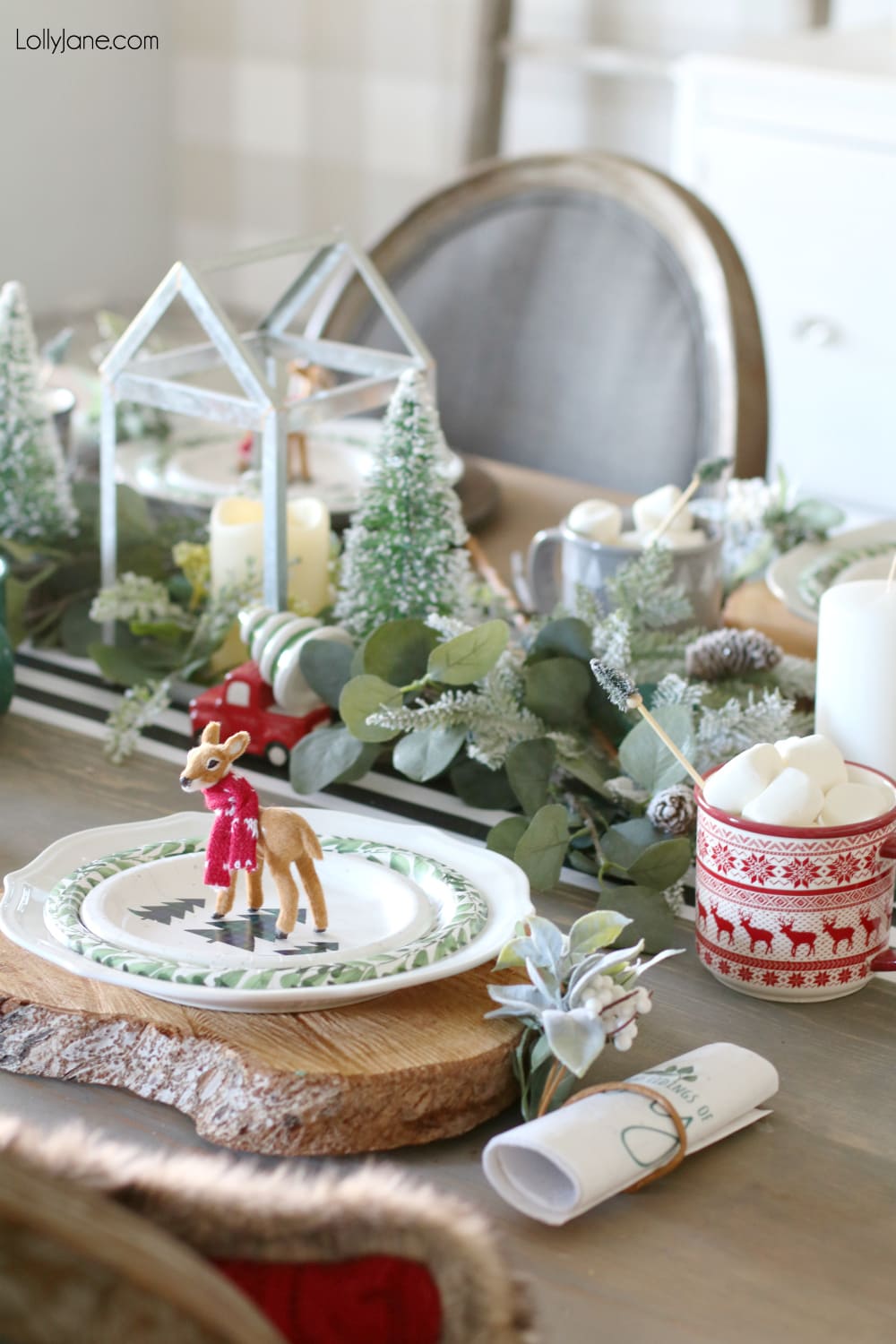 Cute and easy tablescape ideas for Christmas or wintertime! Shop your house and buy things (like these once-deer-ornaments turned plate topper!) that can be multi-purpose! Great tips! #christmas #christmastablescape #christmascenterpiece #centerpiece #wintertablescape #diy 