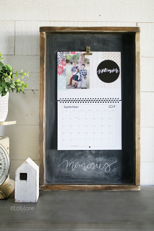 DIY Wood Frame Calendar Holder using inexpensive wood, small nails and a gold hinge clip. Love how easy calendar holder is to switch the monthly calendar out! #diy #calendarholder #woodcalendarholder