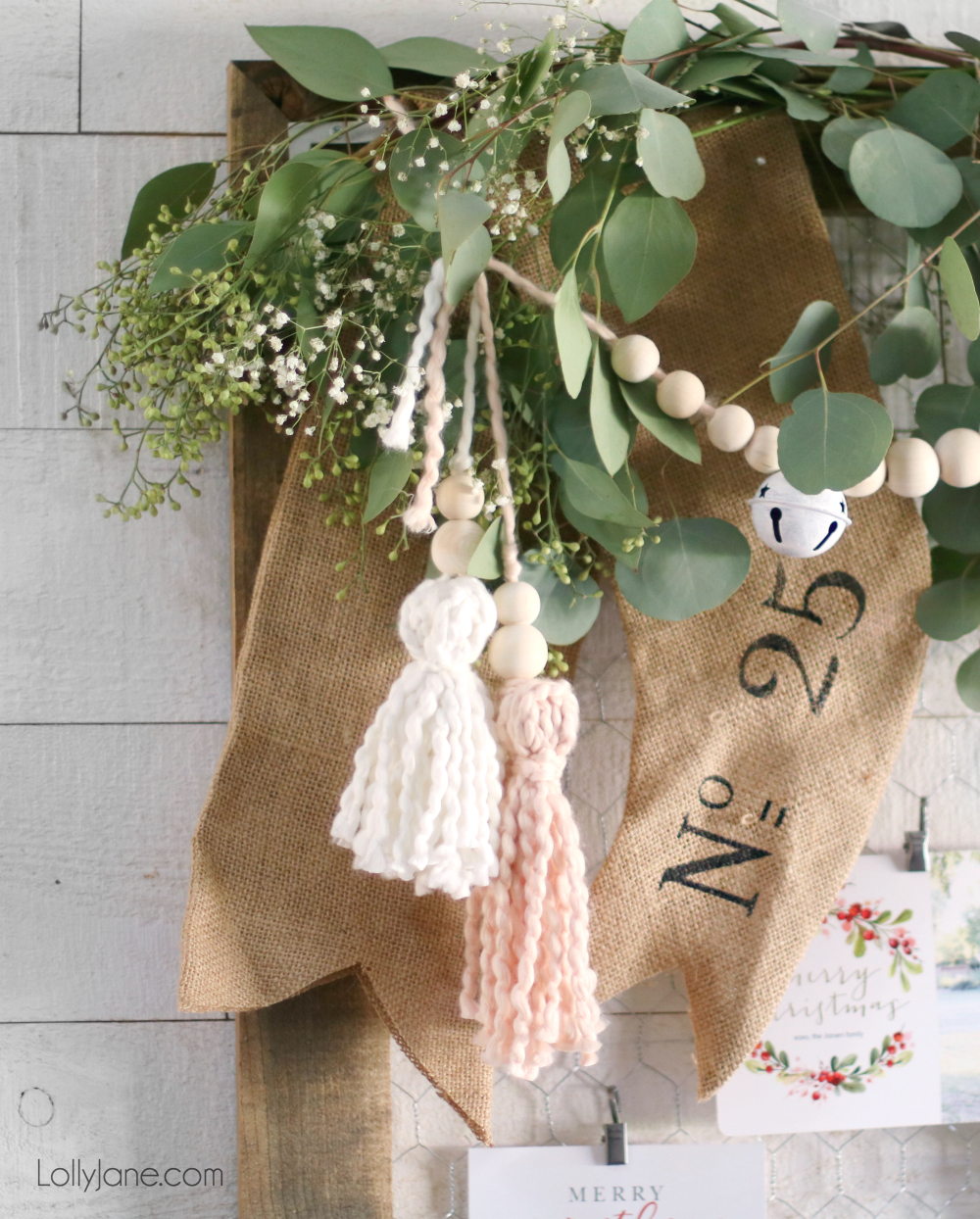 Make these easy DIY Tassels with wood beads, so cute and easy! Tie to ends of garland, on top of a stocking, or onto gift wrap-- cute and easy! #diy #tassels #tassle #christmasdecor #garland