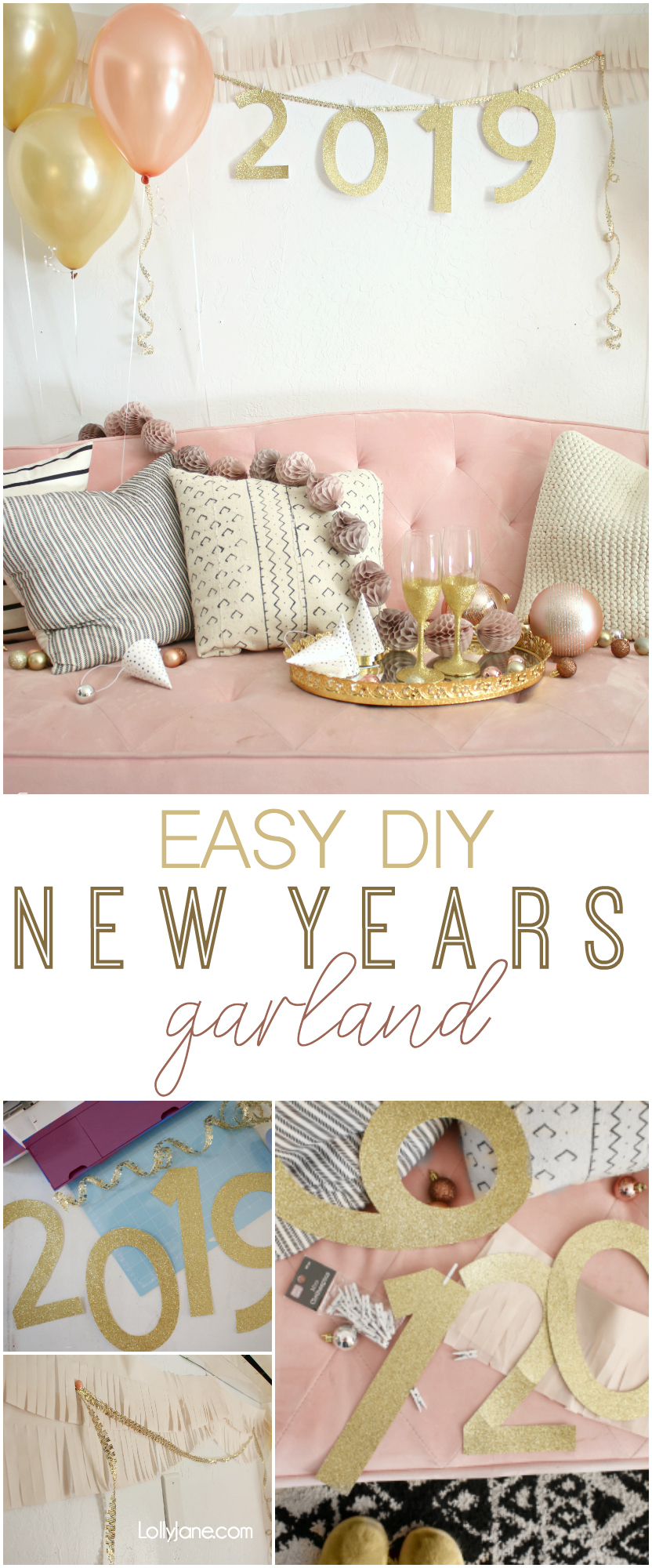 Simple + Pretty New Years Eve EASY Backdrop Ideas... love this SIMPLE DIY New Years Garland! Throw a party in style that's not complicated or time consuming! #nye #nyeparty #partybackdrop #rosegold