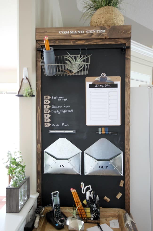 Chalkboard command station: how cute! Chalkboard paint a cabinet, add a clipboard and metal envelopes to create an industrial command station. #commandcenter #messagecenter #commandstation #industrialdecor #farmhouse