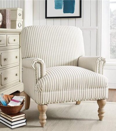 Darling striped farmhouse accent chair! Love this affordable farmhouse armchair option, so cute! #walmartfinds #stealofadeal #farmhouse #farmhousestyle #farmhousechairideas #farmhousedecor #homedecor